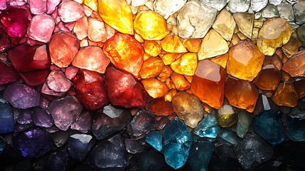 A luminous array of gemstones featuring bold colors and intricate surface textures