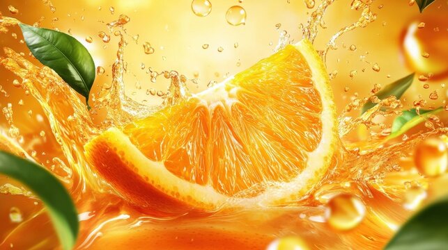 A dynamic and vivid digital illustration of an orange slice with splashing orange juice and droplets accompanied by fresh green leaves. Label product. Branding. Flyer. Card. Poster. Design.
