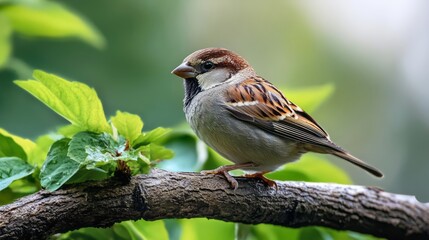 World Sparrow Day. A little sparrow is standing on a branch with green leaves.