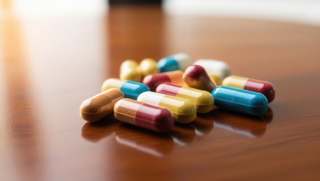 Assorted Pills Scattered On A Wooden Table, Showcasing A Variety Of Medications In Different Shapes And Colors, Representing Healthcare, Treatment, And Pharmaceutical Industry Concepts.

