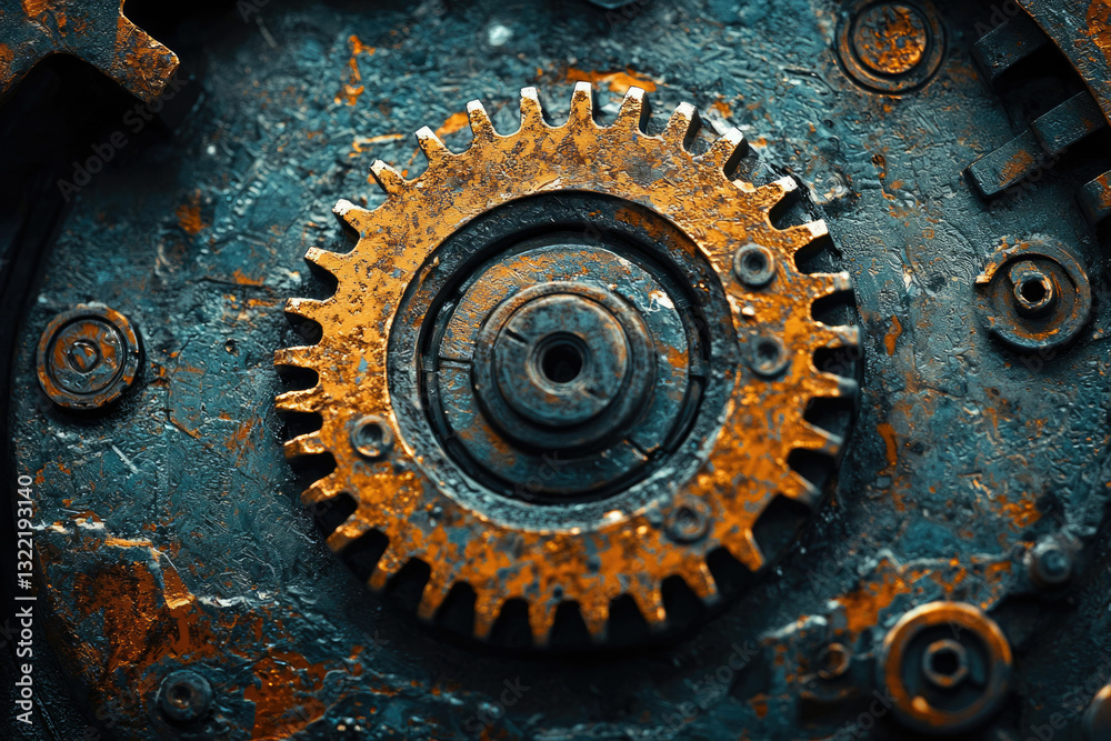 Poster close-up of a rusty, aged gear mechanism, showcasing intricate details and textures.
