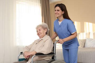 Fototapeta premium Healthcare worker with elderly woman in wheelchair indoors
