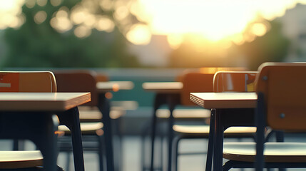 Empty School Desks At Sunset Golden Hour Light Empty Classroom Back To School No People Outdoors