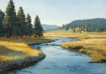 Serene Landscape with a Meandering River, Lush Green Forests, and Golden Meadow Under a Bright Blue Sky in a Peaceful Natural Setting