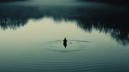 A lone figure creates ripples across a still lake, surrounded by tranquil forest, reflecting solitude and introspection.