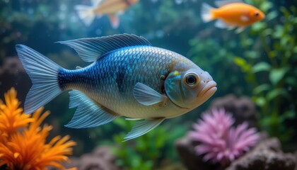 Fototapeta premium A Blue And White Aquarium Fish Swims Gracefully
