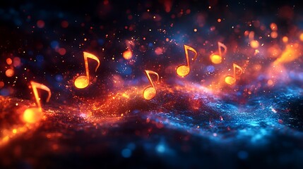 Vibrant swirling musical notes in bright colors creating a sense of rhythm and energy against a dark background