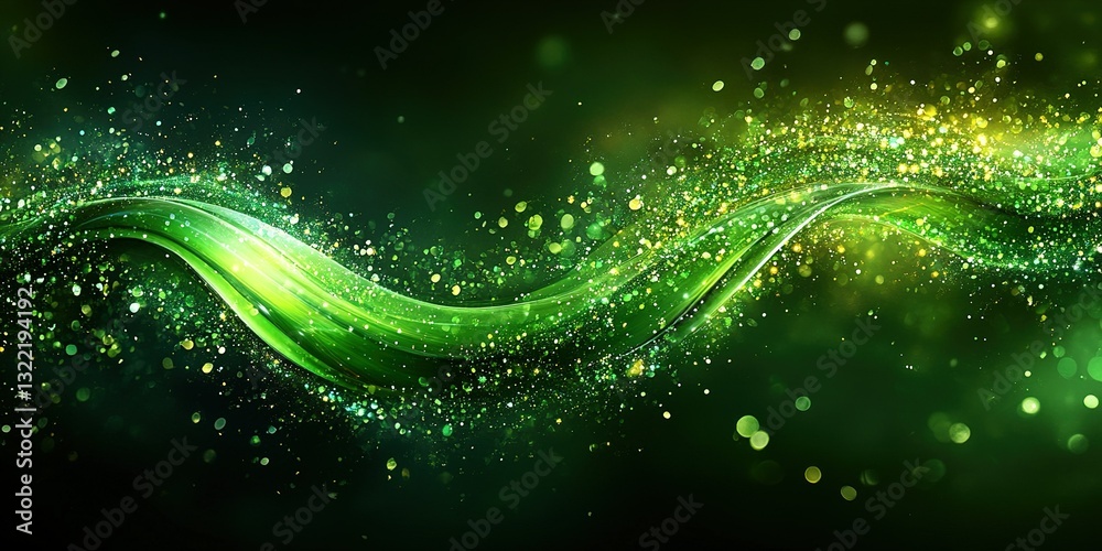 Wall mural vibrant green wave with sparkling particles and dynamic motion in a mystical environment