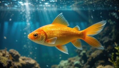 Fototapeta premium Golden Fish Swims Underwater In Aquarium Tank