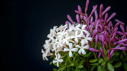 Close-Up of Delicate White and Pink Jasmine Flowers with Lush Green Leaves Against a Dark Background