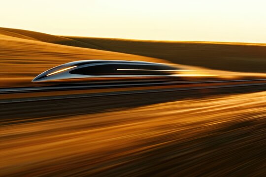 A sleek, high-speed train hurtles across a sun-drenched landscape at sunset.