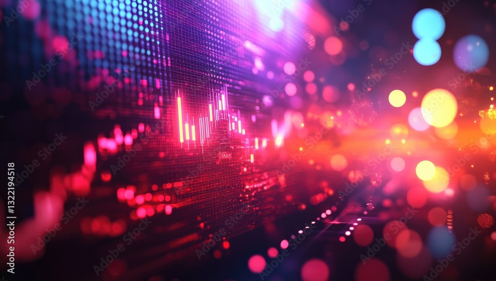 Poster abstract background with red and pink glowing data graph and bokeh lights. futuristic digital concep