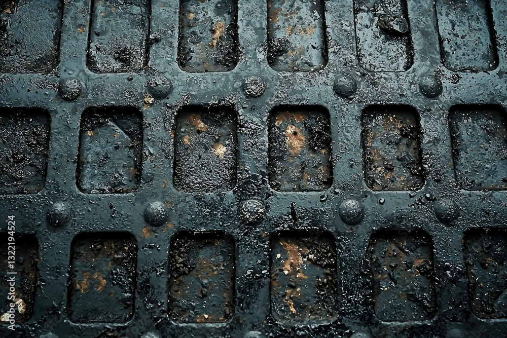 Poster a close-up view of a dark, wet, metallic grate with a grid pattern and visible wear.