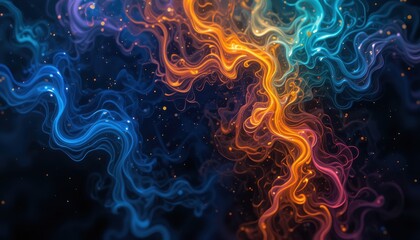 Abstract swirling blue and orange smoke with sparks