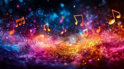 A cascade of vibrant musical notes swirling in vivid colors representing the power of rhythm and sound