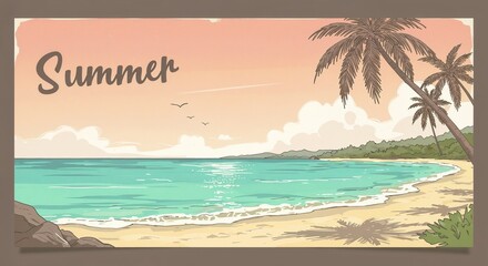 Tropical beach illustration with summer theme, relaxing mood, sunny landscape