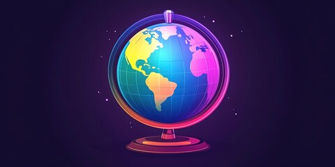 Colorful globe on a stand illuminated with vibrant hues against a dark background showcasing the world's continents and oceans
