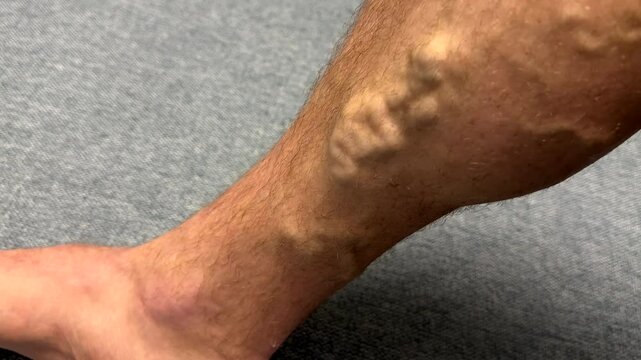 Varicose veins. Phlebology and DVT. Varicose veins on leg of man. Varicosity on legs, spider veins, edema, health illness concept. Phlebeurysm and thrombophlebitis of veins. Phlebology concept. 
