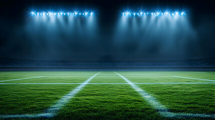 Illuminated Empty Football Field At Night With Bright Stadium Lights And Dark Stands Filled With Blurred Spectators In Background