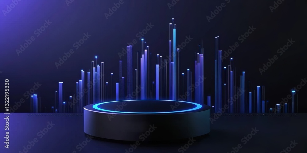 Poster abstract representation of sound waves with a dark background and glowing circular base in a modern 