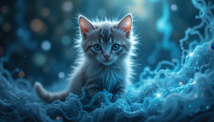 Adorable Kitten Amidst Blue Ethereal Wisps