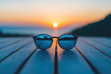 Sunglasses reflecting a vibrant sunset on a wooden table, capturing the essence of summer and relaxation.