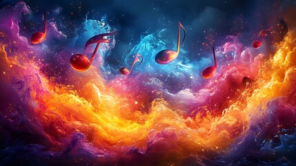 Fototapeta premium Dynamic musical notes in bold bright colors swirling and flowing in a rhythmic dance