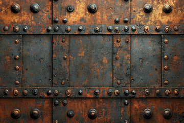 Fototapeta premium Rusty metal door with rivets, showing age and wear; a dark, textured surface.