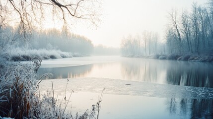 A frozen river winds through snow-laden trees under a crisp winter sky in a tranquil, icy landscape.