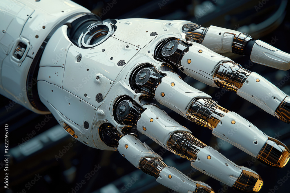 Poster a detailed close-up of a futuristic robotic hand, showcasing intricate mechanical design and polishe