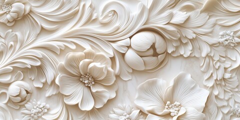 Detailed floral pattern of carved flowers with leaves on white background