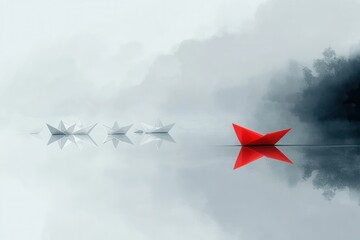 Minimalist art piece featuring a red paper boat breaking away from white boats on a lake reflecting an arrow of opportunity and direction