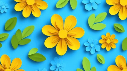 Obraz premium Floral pattern yellow and blue flowers, green leaves on light blue background