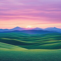 Obraz premium Serene Landscape with Rolling Hills and Colorful Sunset Sky, Tranquil Nature Scene with Vivid Clouds and Gentle Tones of Twilight Over a Peaceful Horizon