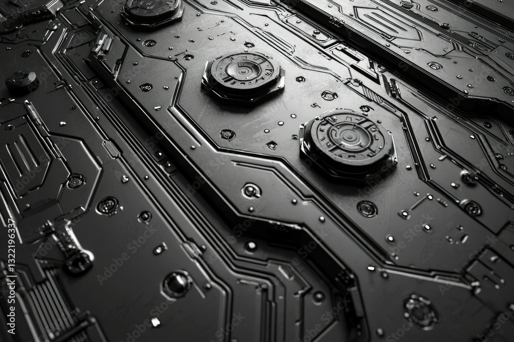 Poster Abstract futuristic metallic surface with intricate circuitry and mechanical components, sleek and dark.