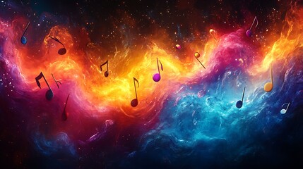 An energetic swirl of musical notes in bright colors representing the joy of music