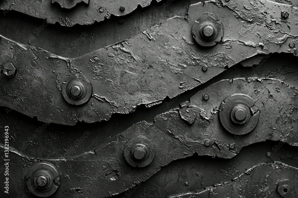 Poster close-up of a weathered, dark metal surface with bolts and rivets, showing texture and age.