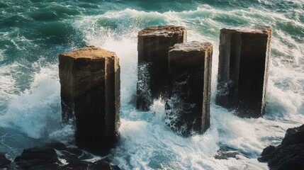 Three weathered pillars stand firm against crashing waves, embodying strength and endurance amidst a turbulent sea.