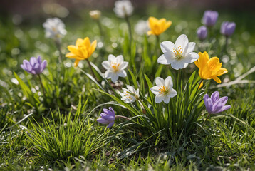 Obraz premium Spring flowers and grass with a soft-focus effect for an Easter feel