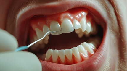 man with dental floss cleaning teeth at bathroom