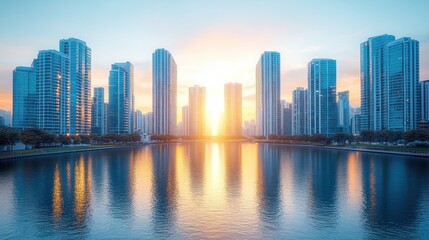 Fototapeta premium Skyline view with sunset reflecting off water