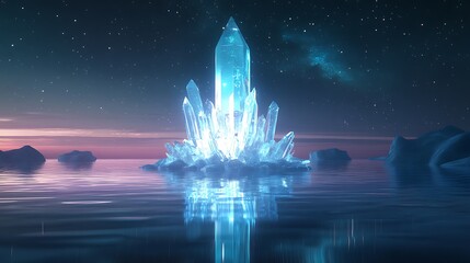 A radiant crystal tower rising from a glowing lagoon, surrounded by gently rippling water that reflects the stars above