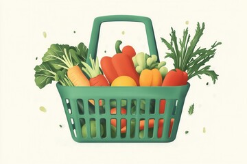 Fresh produce shopping basket filled with vibrant fruits and vegetables against a soft pastel background