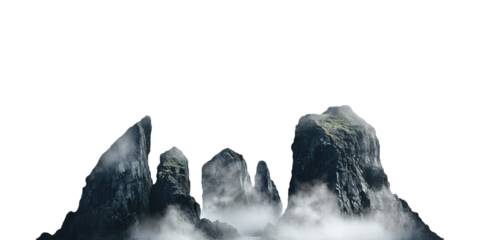 Rocky cliff formation in misty fog isolated on transparent background