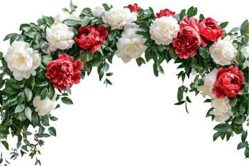 Floral arch with red and white peonies isolated on transparent background