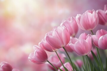 Fototapeta premium Beautiful pink tulips blooming in a softly lit and blurry scene