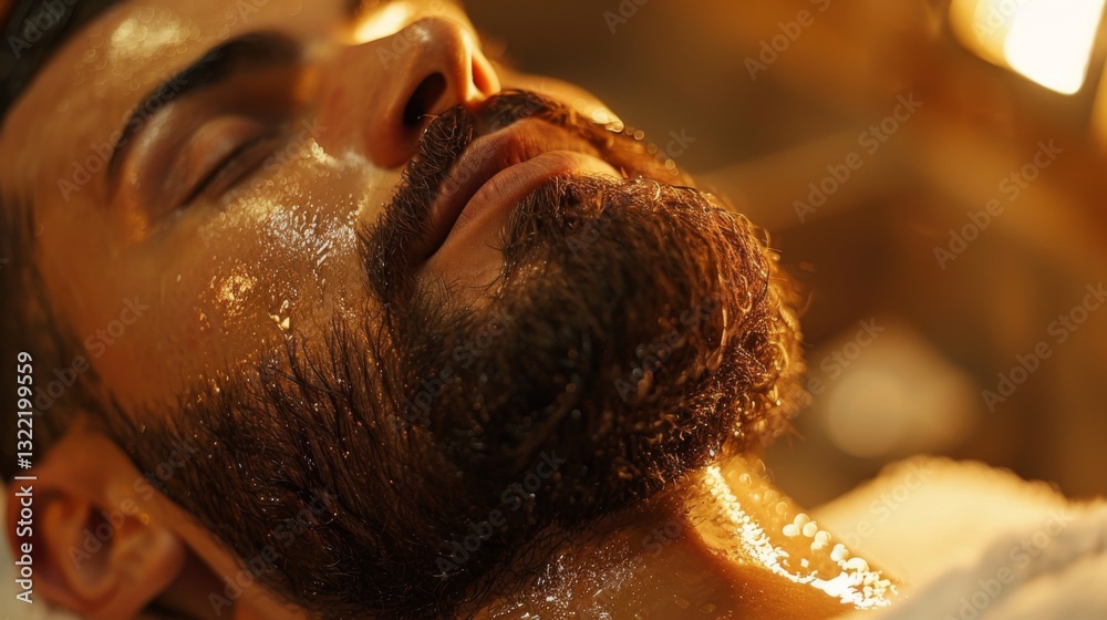 Poster a man is experiencing a facial treatment at a spa, enjoying the soothing application of a skincare p