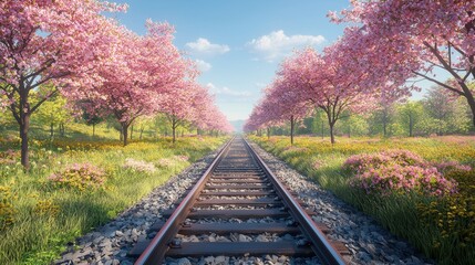 Fototapeta premium A train track with a beautiful pink