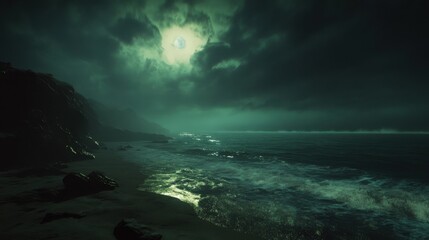 Dark ocean storm at night with lighting and waves. Generative AI