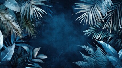 Tropical jungle on dark blue background. Botanical exotic forest with palm, coconut leaves and branches in blue tone and summer style. Watercolor texture design for banner, wall art and poster.